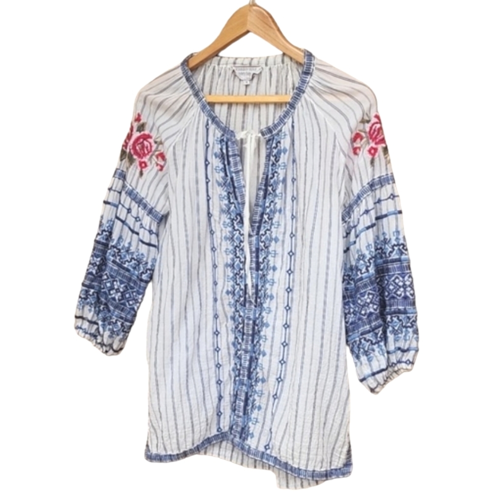 JOHNNY WAS Workshop Shea Peasant Blouse S Santori Stripe Embroidered Boho Anthro - Picture 7 of 16